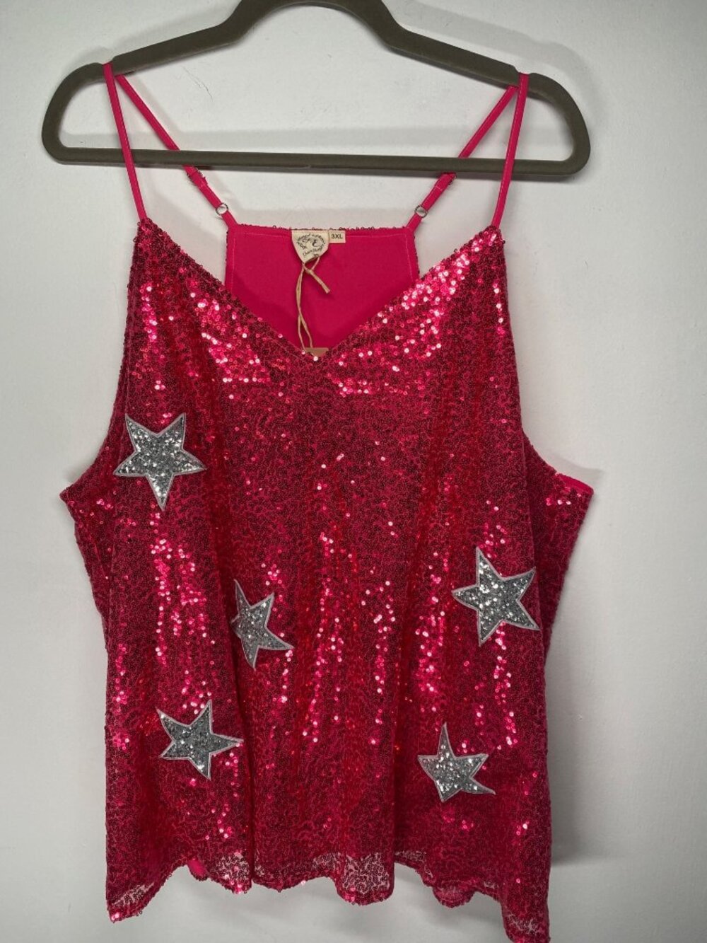 Grace & Emma Womens Pink Sequin Tank Top With Silver Star Accents Adjustable Str